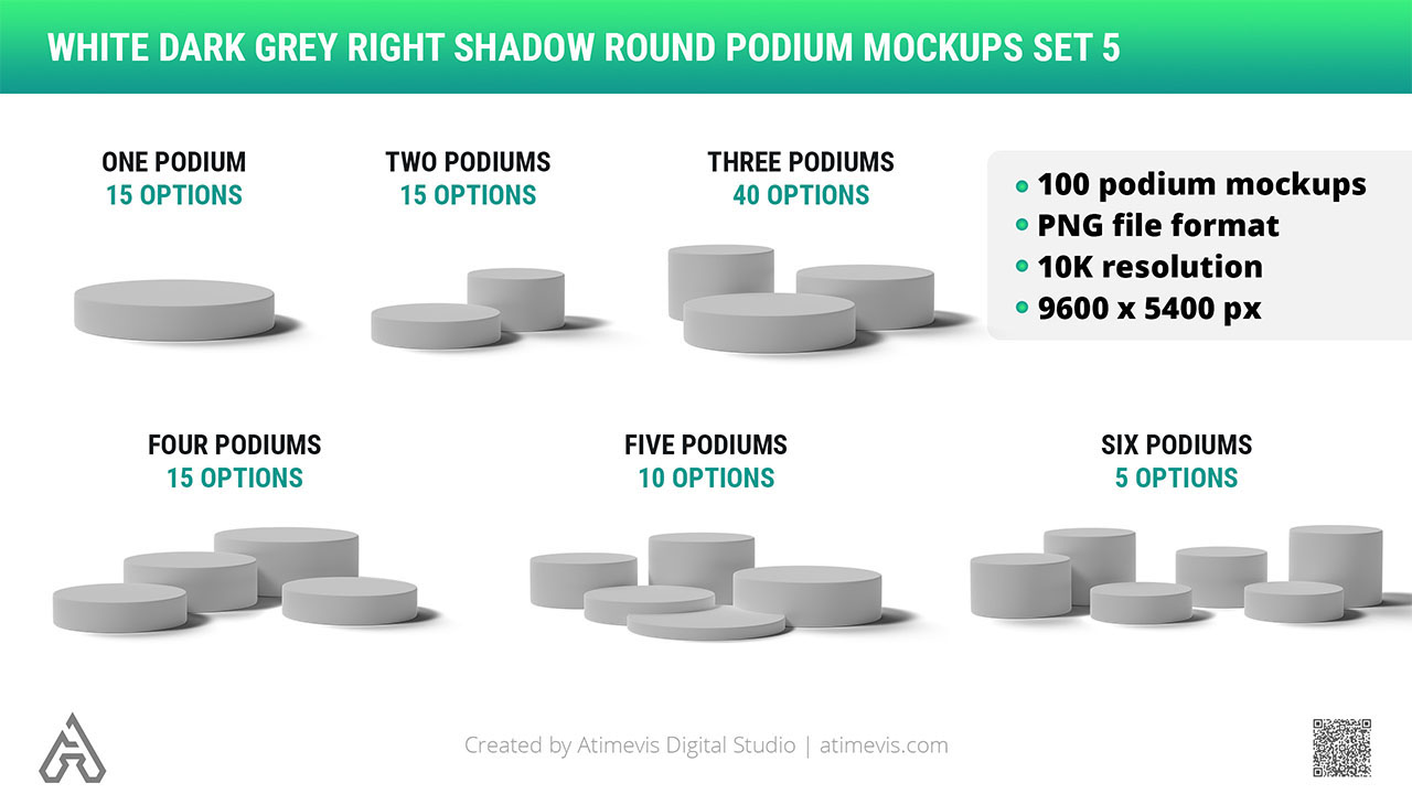 White Dark Grey Right Shadow Round Podium Mockups Set 5 by Design Studio Atimevis